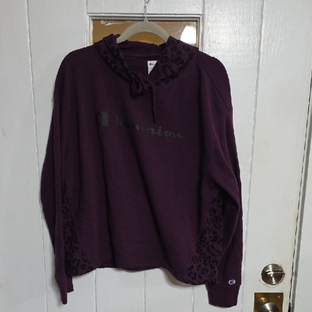 Champion Women's Hoodie Plum‎ Purple/Black Cheetah Drawstring Hem Sz XL EUC